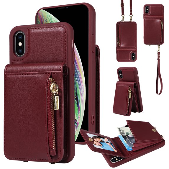 Nalacover RFID Blocking Wallet Case for iPhone XS Max, Shockproof PU Leather Magnetic Button Zipper Purse Card Slots & Kickstand Crossbody Phone Case with Shoulder & Wrist Strap,Winered