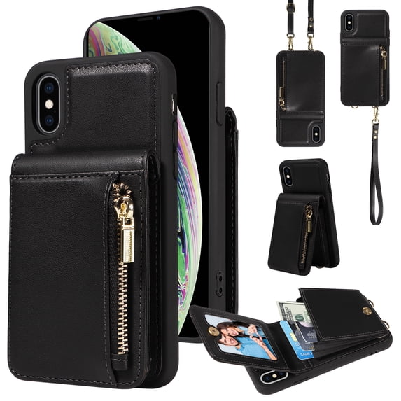 Nalacover RFID Blocking Wallet Case for iPhone XS Max, Shockproof PU Leather Magnetic Button Zipper Purse Card Slots & Kickstand Crossbody Phone Case with Shoulder & Wrist Strap,Black