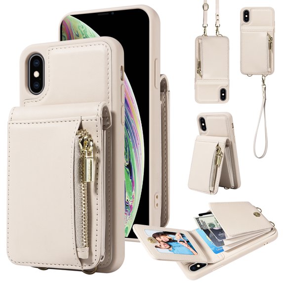 Nalacover RFID Blocking Wallet Case for iPhone XS Max, Shockproof PU Leather Magnetic Button Zipper Purse Card Slots & Kickstand Crossbody Phone Case with Shoulder & Wrist Strap,White
