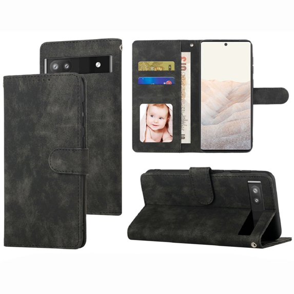 Nalacover Retro Wallet Case for Google Pixel 6A, Premium PU Leather Shockproof Case with Card Slots Holder Kickstand Magnetic Clasp Phone Cover Vintage Design Wrist Strap Flip Folio Case,Black