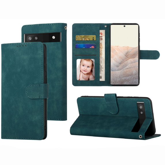 Nalacover Retro Wallet Case for Google Pixel 6A, Premium PU Leather Shockproof Case with Card Slots Holder Kickstand Magnetic Clasp Phone Cover Vintage Design Wrist Strap Flip Folio Case,Blue