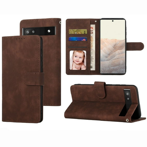 Nalacover Retro Wallet Case for Google Pixel 6A, Premium PU Leather Shockproof Case with Card Slots Holder Kickstand Magnetic Clasp Phone Cover Vintage Design Wrist Strap Flip Folio Case,Coffee
