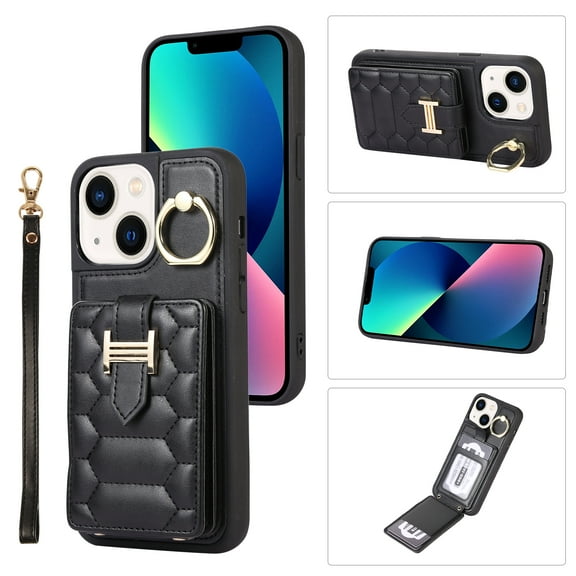 Nalacover Ring Holder Kickstand Case for iPhone 15 6.1" Crossbody Wallet Case with Credit Card Slots, Lanyard Shoulder Strap Premium PU Leather Wrist Hand Strap Cover, Black