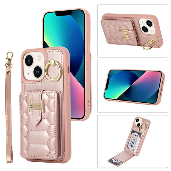 Nalacover Ring Holder Kickstand Case for iPhone 15 Plus 6.7" Crossbody Wallet Case with Credit Card Slots, Lanyard Shoulder Strap Premium PU Leather Wrist Hand Strap Cover, Rosegold