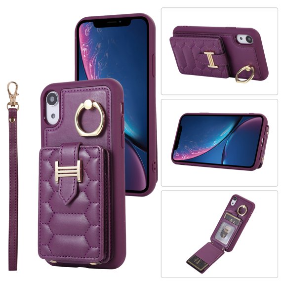 Nalacover Ring Holder Kickstand Case for iPhone XR 6.1" Crossbody Wallet Case with Credit Card Slots, Lanyard Shoulder Strap Premium PU Leather Wrist Hand Strap Cover, Deeppurple