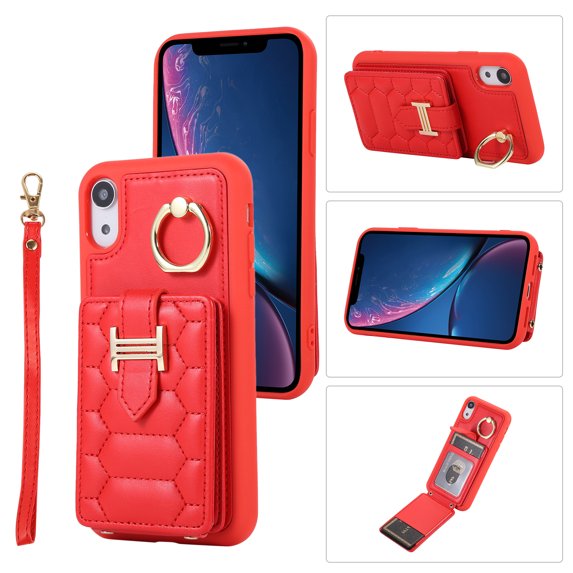 Nalacover Ring Holder Kickstand Case for iPhone XR 6.1" Crossbody Wallet Case with Credit Card Slots, Lanyard Shoulder Strap Premium PU Leather Wrist Hand Strap Cover, Red