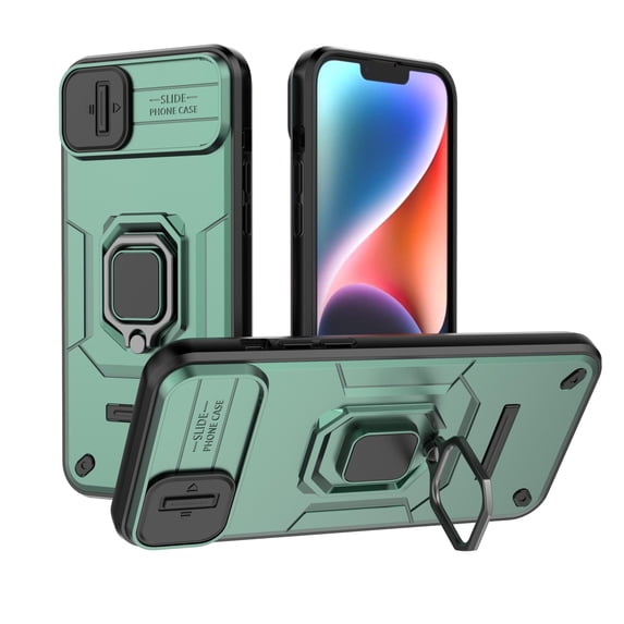 Nalacover Ring Holder Rugged Case for iPhone 14 Plus Kickstand Camera Lens Sliding Cover, Heavy Duty PC + TPU Dual-Layers Shockproof Military Grade Full Protection Phone Case, Green