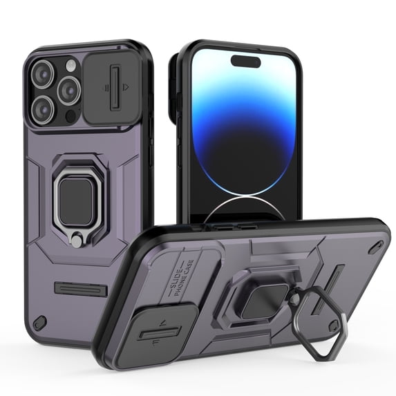 Nalacover Ring Holder Rugged Case for iPhone 14 Pro Max Kickstand Camera Lens Sliding Cover, Heavy Duty PC + TPU Dual-Layers Shockproof Military Grade Full Protection Phone Case, Purple