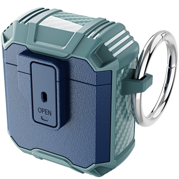 Nalacover Rugged Case for Apple Airpods 2/Airpods 1, Heavy Duty Shockproof Military Grade Full Protection Cover with Secure Lock Keychain Dual-Layers Case for Apple Airpods 2/Airpods 1, Darkblue+Green