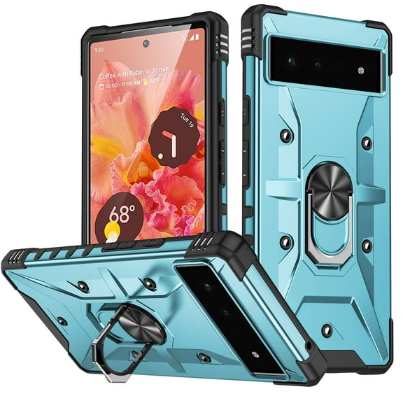 Nalacover Rugged Case for Google Pixel 6 with Rotated Ring Holder Kickstand Magnetic Car Mount Case, Heavy Duty Hybrid PC + TPU Military Grade Shockproof Non-Slip Cover, Lightblue