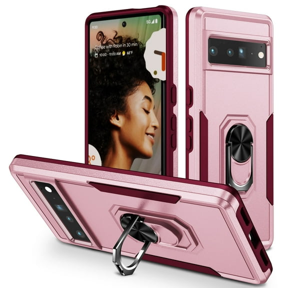 Nalacover Rugged Case for Google Pixel 9 with Rotated Ring Holder Kickstand Bracket, Military Grade Shockproof Cover with Magnetic Car Mount Lens Protective Case for Google Pixel 9, Pink + Rose