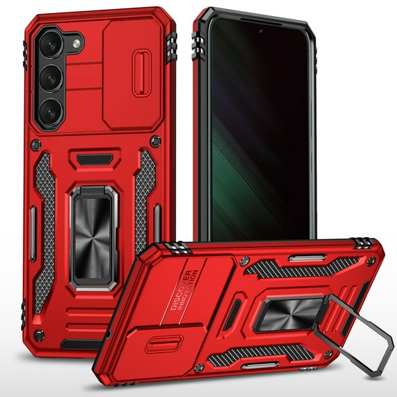 Nalacover Rugged Case for Samsung Galaxy S23 FE, Ring Kickstand Camera Lens Sliding Cover Compatible with Magnetic Car Mount Military Grade Hybrid PC + TPU Shockproof Case, Red