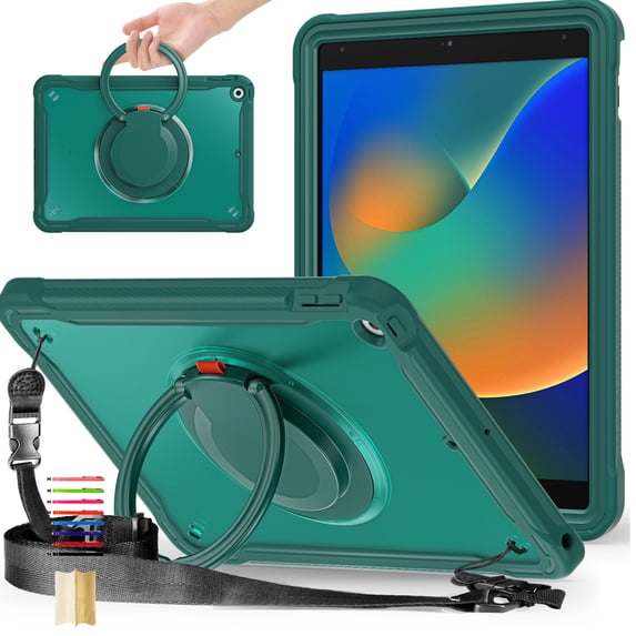 Nalacover Rugged Case for iPad 9th Gen 2021/8th Gen 2020/7th Gen 2019 10.2" Tablet Case with Rotatable Stand & Foldable Handle Grip & Shoulder Strap, Heavy Duty Hybrid Shockproof Case - Darkgreen