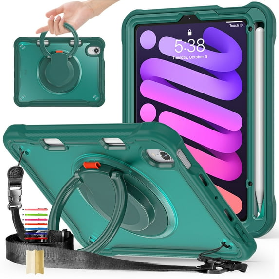 Nalacover Rugged Case for iPad mini (6th Generation) Tablet Case with Rotatable Stand & Foldable Handle Grip & Shoulder Strap, Heavy Duty Hybrid Shockproof Case - Darkgreen