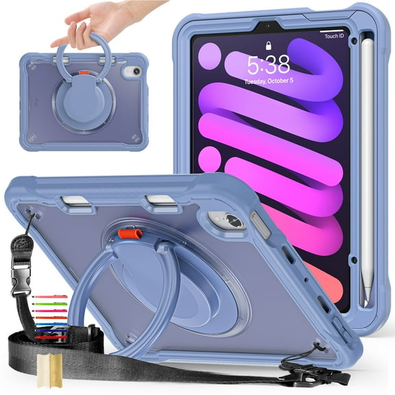 Nalacover Rugged Case for iPad mini (6th Generation) Tablet Case with Rotatable Stand & Foldable Handle Grip & Shoulder Strap, Heavy Duty Hybrid Shockproof Case - Purple