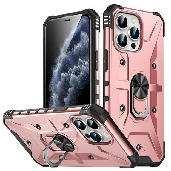 Nalacover Rugged Case for iPhone 11 Pro Max, Heavy Duty Hybrid PC + TPU Military Grade Shockproof Cover with Rotated Ring Holder Kickstand Magnetic Car Mount Non-Slip Case, Rosegold
