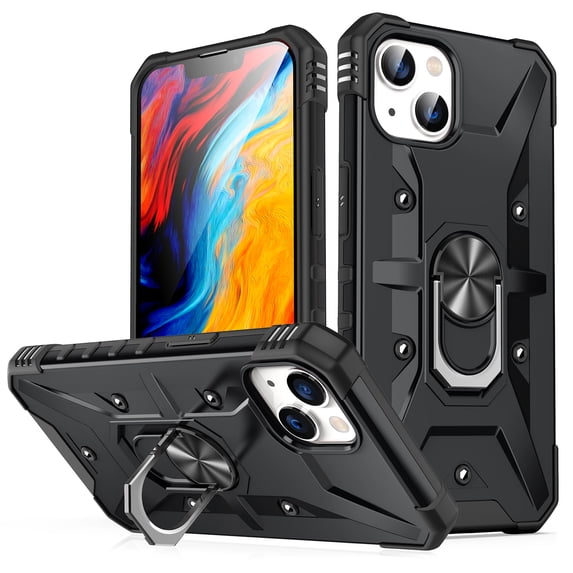 Nalacover Rugged Case for iPhone 13, Heavy Duty Hybrid PC + TPU Military Grade Shockproof Cover with Rotated Ring Holder Kickstand Magnetic Car Mount Non-Slip Case, Black