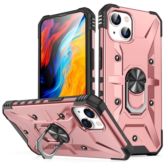 Nalacover Rugged Case for iPhone 13, Heavy Duty Hybrid PC + TPU Military Grade Shockproof Cover with Rotated Ring Holder Kickstand Magnetic Car Mount Non-Slip Case, Rosegold