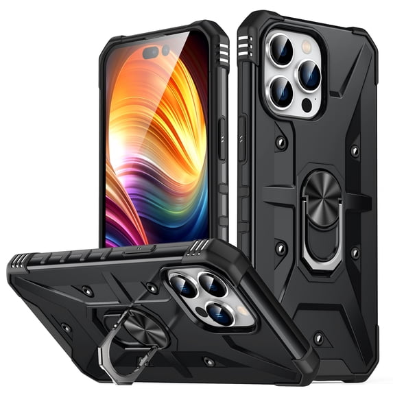 Nalacover Rugged Case for iPhone 14 Pro, Heavy Duty Hybrid PC + TPU Military Grade Shockproof Cover with Rotated Ring Holder Kickstand Magnetic Car Mount Non-Slip Case, Black