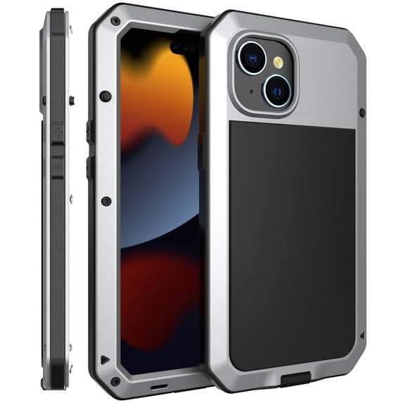 Nalacover Rugged Case for iPhone 15 Plus, With Tempered Galss Screen Protector Heavy Duty Malitary Grade Full Protection Cover, Aluminum Alloy Metal + TPU Shockproof Dustproof Case, Silver