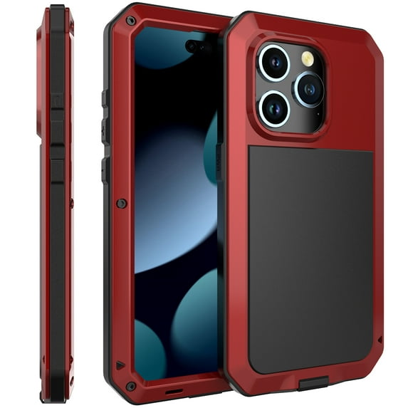 Nalacover Rugged Case for iPhone 15 Pro Max, With Tempered Galss Screen Protector Heavy Duty Malitary Grade Full Protection Cover, Aluminum Alloy Metal + TPU Shockproof Dustproof Case, Red