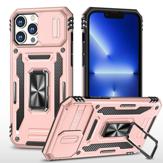 Nalacover Rugged Case for iPhone 15 Pro, Ring Kickstand Camera Lens Sliding Cover Compatible with Magnetic Car Mount Military Grade Hybrid PC + TPU Shockproof Case, Rosegold