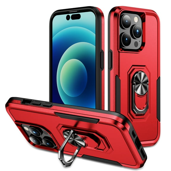 Nalacover Rugged Case for iPhone 15 Pro with Rotated Ring Holder Kickstand Bracket, Military Grade PC + TPU Shockproof Cover with Magnetic Car Mount Lens Protective Case, Red/Black