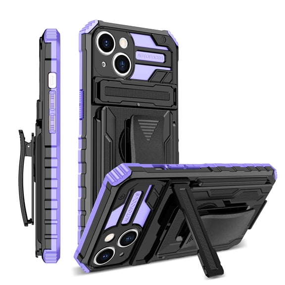 Nalacover Rugged Case for iPhone 15 - with Removable Belt Clip Hidden Kickstand Heavy Duty Cover, Military Grade Hybrid PC + TPU Heat Dissipation Shockproof Anti-Fall Case - Purple