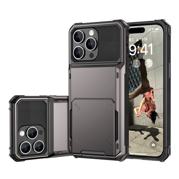 Nalacover Rugged Case for iPhone 15 Wallet with Hidden Card Holder Case, Hybrid 2-in-1 Dual Layers Military Grade Shockproof Heavy Duty Protection Phone Cover for iPhone 15, Gray