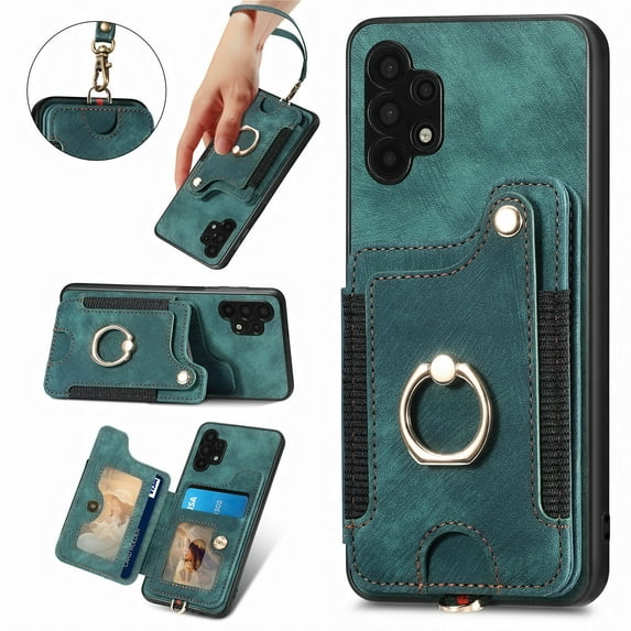 Nalacover For Samsung A32 5G Case Ring Holder Kickstand with Credit Card Holder, Back Flip Premium Leather Magnetic Clasp Removable Wirst Hand Strap Cover for Samsung Galaxy A32 5G, Green