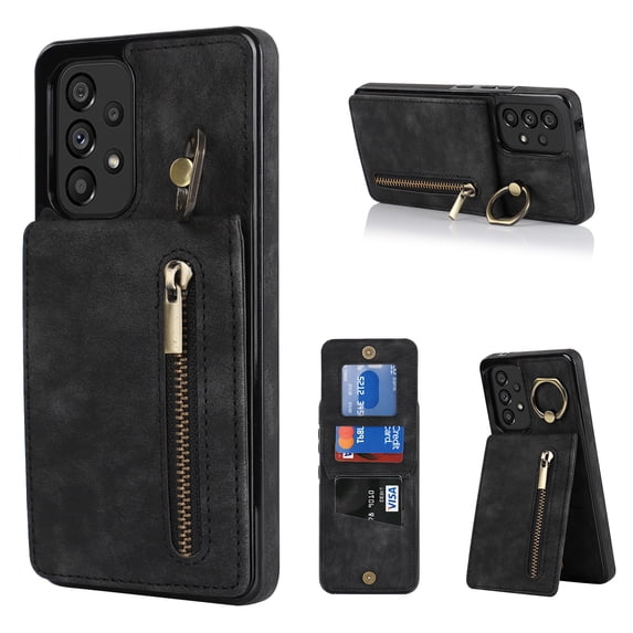 Nalacover for Samsung A32 5G, Wallet with RFID Credit Card Holder and Zipper Pocket,Drop Protection Flip Cover Ring Holder Kickstand with Double Magnetic Clasp for Samsung Galaxy A32 5G, Black