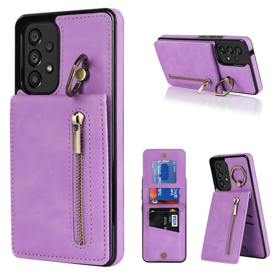 Nalacover for Samsung A32 5G, Wallet with RFID Credit Card Holder and Zipper Pocket,Drop Protection Flip Cover Ring Holder Kickstand with Double Magnetic Clasp for Samsung Galaxy A32 5G, Purple