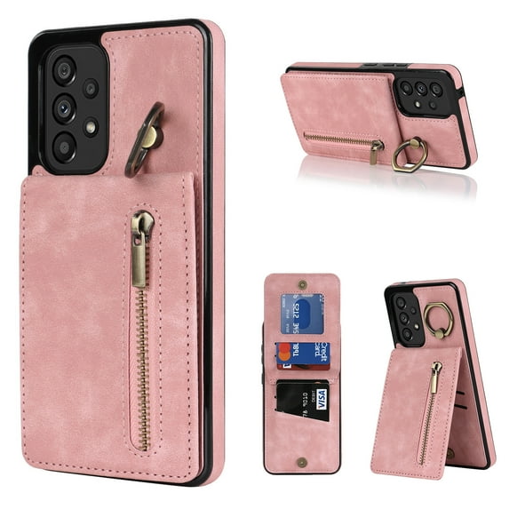 Nalacover for Samsung A33 5G, Wallet with RFID Credit Card Holder and Zipper Pocket,Drop Protection Flip Cover Ring Holder Kickstand with Double Magnetic Clasp for Samsung Galaxy A33 5G, Pink