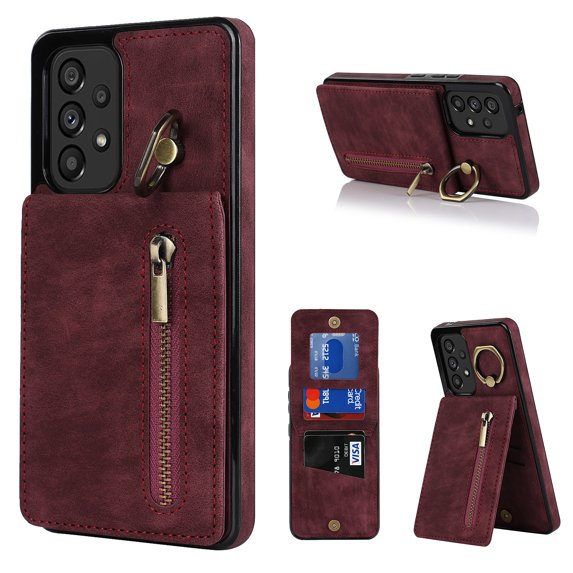 Nalacover for Samsung A53 5G, Wallet with RFID Credit Card Holder and Zipper Pocket,Drop Protection Flip Cover Ring Holder Kickstand with Double Magnetic Clasp for Samsung Galaxy A53 5G, Winered