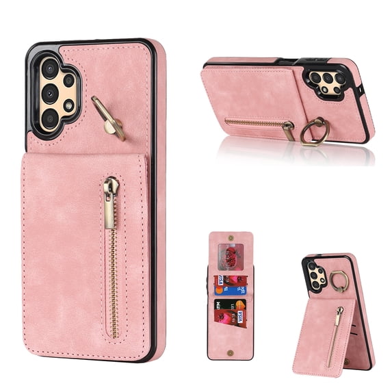 Nalacover for Samsung A54 5G, Wallet with RFID Credit Card Holder and Zipper Pocket,Drop Protection Flip Cover Ring Holder Kickstand with Double Magnetic Clasp, Pink