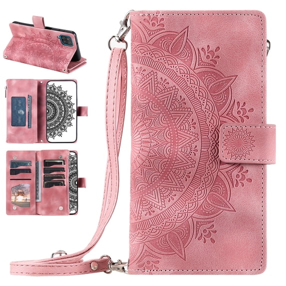 Nalacover for Samsung Galaxy A12 5G Embossed Floral Pattern PU Leather Crossbody Case with Shoulder Strap,Shockproof Magnetic Flip Kickstand Credit Card Slots Zipper Pocket Wallet Phone Case,Pink