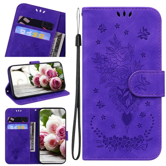 Nalacover for Samsung Galaxy A12 5G Wallet Case,Luxury Embossed Sun Flower Pattern PU Leather Soft TPU Magnetic Flip Folio Book Credit Card Holder Shockproof for Women Men Cover+Wrist Strap.Purple