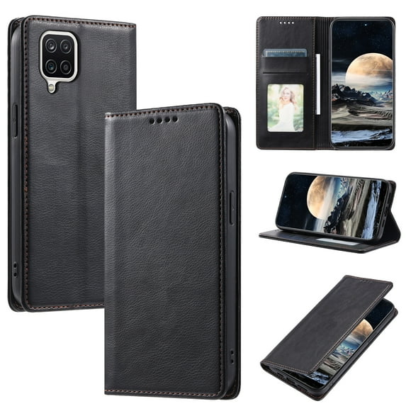 Nalacover for Samsung Galaxy A12 Wallet Case, Vintage PU Leather Book Folding Folio Case with Credit Card Slots Hidden Magnetic Closure Flip Kickstand Shockproof Slim Phone Case,Black