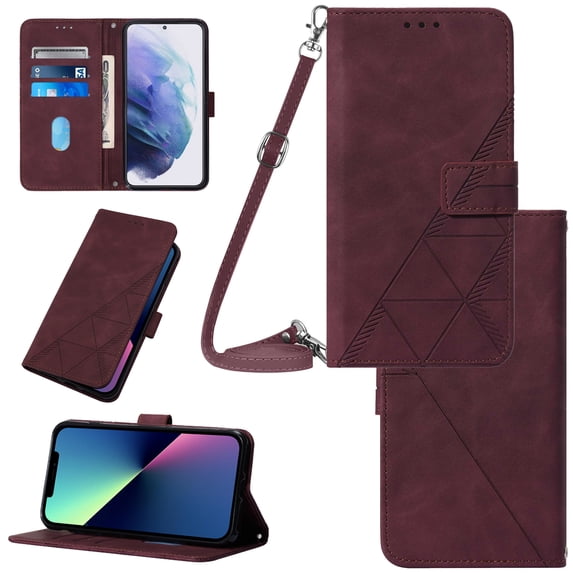 Nalacover For Samsung Galaxy A13 4G Card Slot Case,Shockproof Premium PU Leather Magnetic Clasp Flip Stand Wallet for Women Men Cover with Removable Adjustable Crossbody Shoulder Strap,Winered