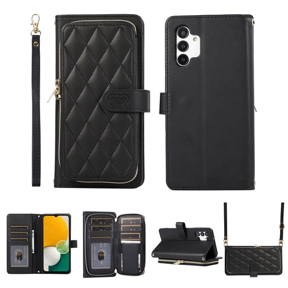 Nalacover for Samsung Galaxy A13 4G Premium PU Leather Crossbody Case with Shoulder Strap & Wrist Strap,Shockproof Magnetic Flip Kickstand Credit Card Slots Zipper Wallet Phone Case,Black