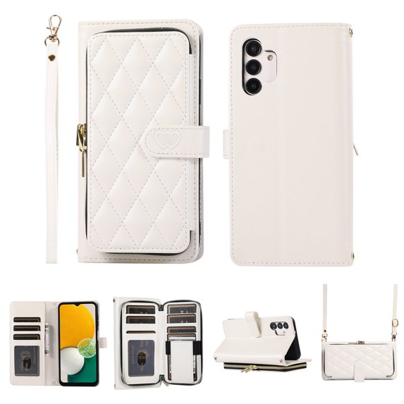 Nalacover for Samsung Galaxy A13 4G Premium PU Leather Crossbody Case with Shoulder Strap & Wrist Strap,Shockproof Magnetic Flip Kickstand Credit Card Slots Zipper Wallet Phone Case,White