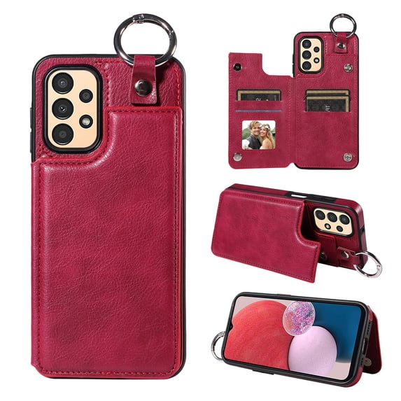 Nalacover for Samsung Galaxy A13 4G Wallet Case with Card Slots & Metal Finger Ring, Durable PU Leather Back Double Magnetic Botton Flip Kickstand Purse Shockproof Phone Case,Red