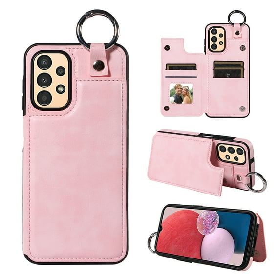 Nalacover for Samsung Galaxy A13 4G Wallet Case with Card Slots & Metal Finger Ring, Durable PU Leather Back Double Magnetic Botton Flip Kickstand Purse Shockproof Phone Case,Rosegold