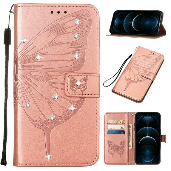 Nalacover for Samsung Galaxy A13 5G Wallet Case, Rhinestone Butterfly& Flower Pattern Cover with Card Slots Holder Kickstand, Wrist Strap Handbag PU Leather Magnetic Clasp Shockproof Case,Rosegold
