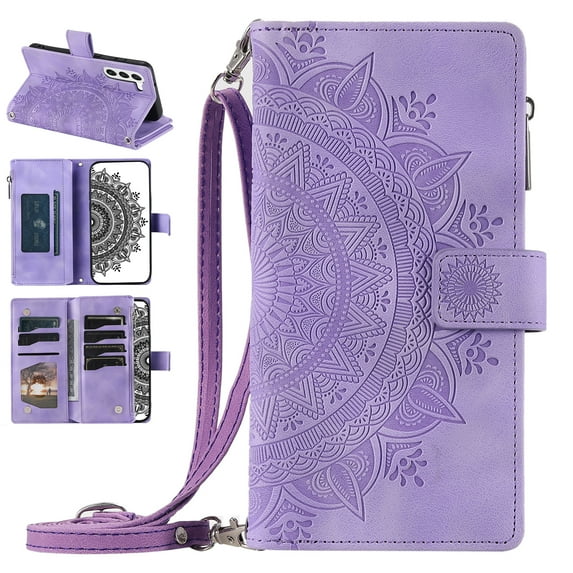 Nalacover for Samsung Galaxy A14 5G Embossed Floral Pattern PU Leather Crossbody Case with Shoulder Strap,Shockproof Magnetic Flip Kickstand Credit Card Slots Zipper Pocket Wallet Phone Case,Purple