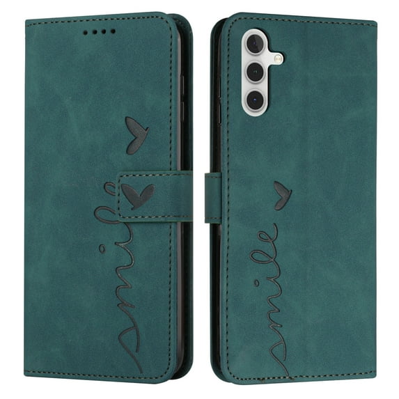 Nalacover for Samsung Galaxy A14 5G Flip Wallet Case,Luxury Love Heart Embossed PU Leather Shockproof Soft TPU Folio Kickstand Card Slots Phone Cover with Wrist Strap for Women Men,Green