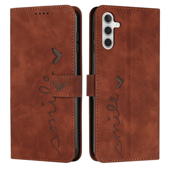 Nalacover for Samsung Galaxy A14 5G Flip Wallet Case,Luxury Love Heart Embossed PU Leather Shockproof Soft TPU Folio Kickstand Card Slots Phone Cover with Wrist Strap for Women Men,Brown