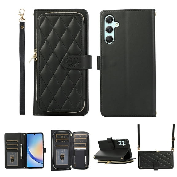 Nalacover for Samsung Galaxy A14 5G Premium PU Leather Crossbody Case with Shoulder Strap & Wrist Strap,Shockproof Magnetic Flip Kickstand Credit Card Slots Zipper Wallet Phone Case,Black