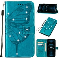 Nalacover for Samsung Galaxy A14 5G Wallet Case, Rhinestone Butterfly& Flower Pattern Cover with Card Slots Holder Kickstand, Wrist Strap Handbag PU Leather Magnetic Clasp Shockproof Case, Blue