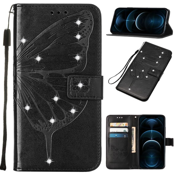 Nalacover for Samsung Galaxy A14 5G Wallet Case, Rhinestone Butterfly& Flower Pattern Cover with Card Slots Holder Kickstand, Wrist Strap Handbag PU Leather Magnetic Clasp Shockproof Case, Black